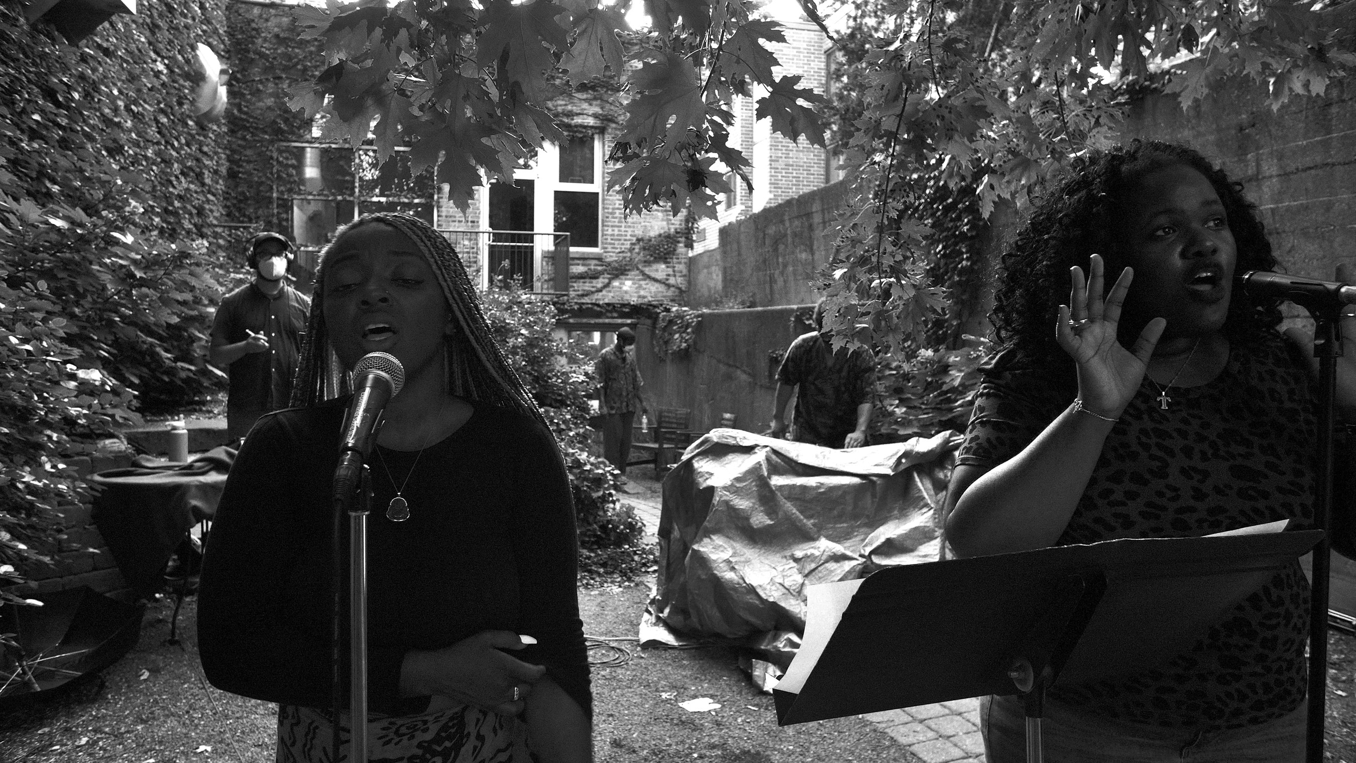 Black Monument Ensemble members Alex Inglizian, Erica Rene, and Tramaine Parker recording <i>Now</i>, August 2020.